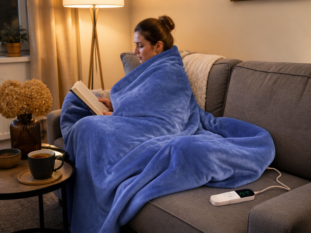 Woman reading on a sofa under the SnugCloud heated blanket