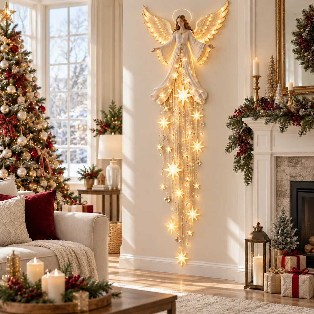 Angel Christmas Wall Light with Halo and Cascading Stars, Warm White 3