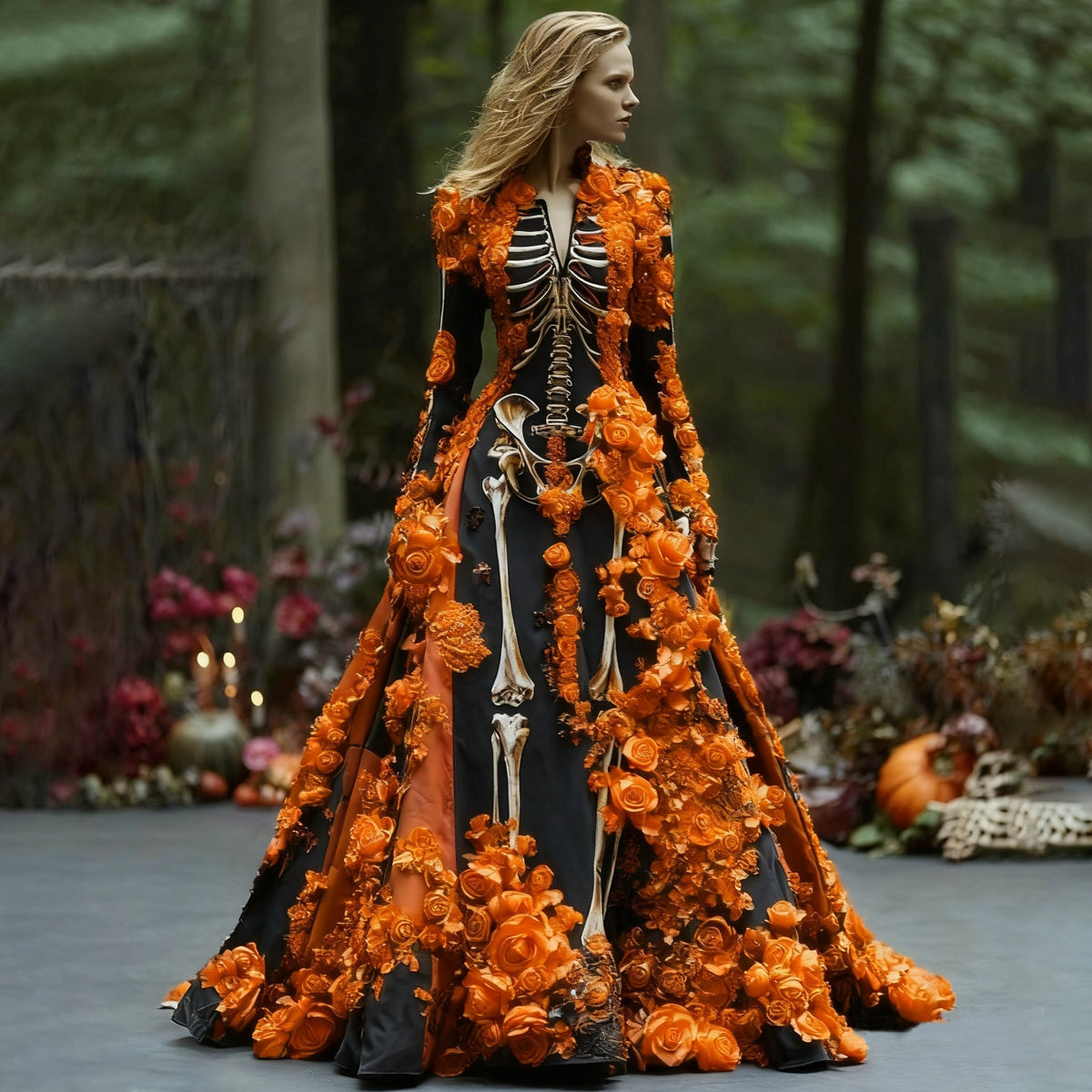 Women's Halloween Skeleton Floral Long Sleeve Maxi Dress for Parties 1