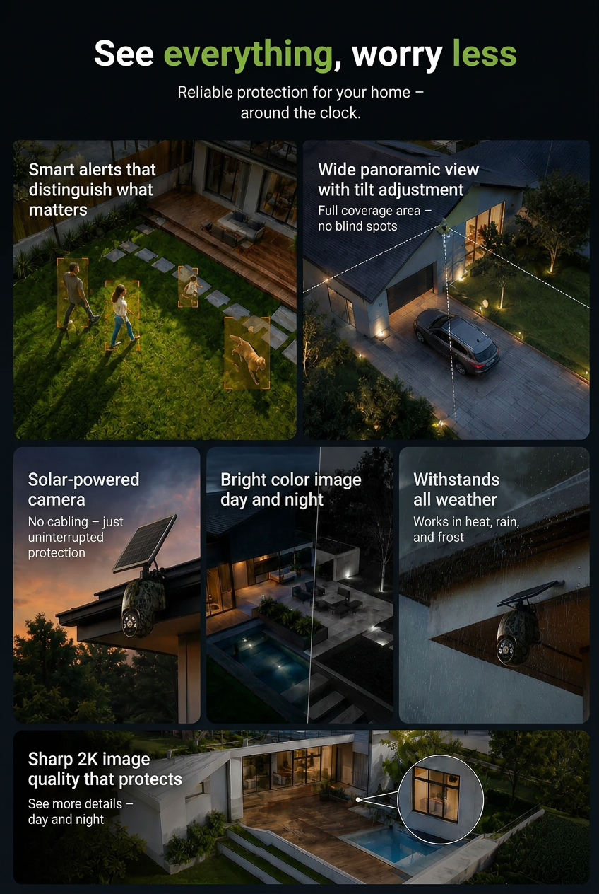 Solar-Powered Wireless Security Camera with 4G LTE or Wi-Fi, 2K, PTZ, Night Vision 4