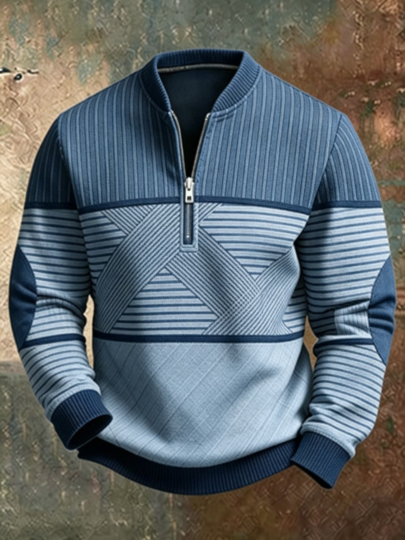 Men's Half-Zip Sweater with Geometric Color Block Pattern 3