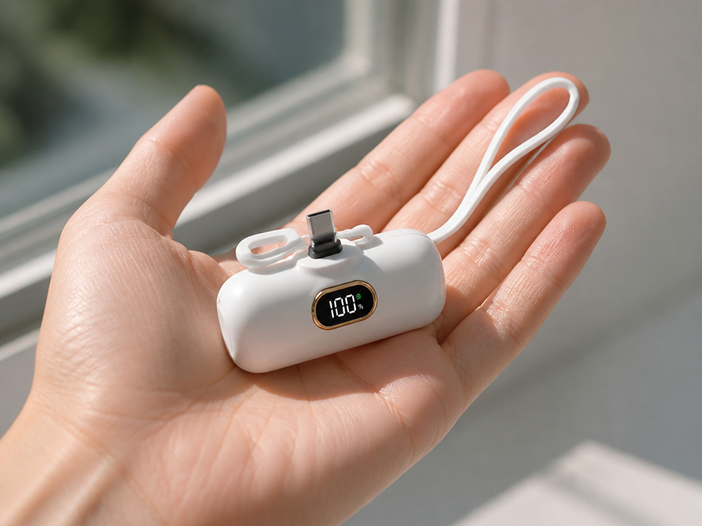 PocketVolt capsule power bank in an open palm — lipstick-size