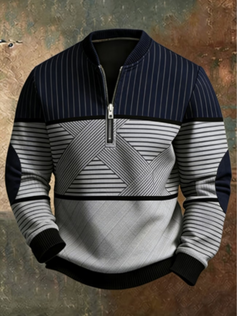 Men's Half-Zip Sweater with Geometric Color Block Pattern 1