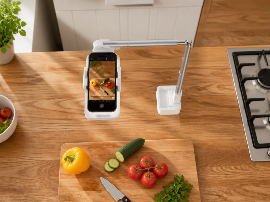 FoldFrame filming stand in overhead position filming a chopping board