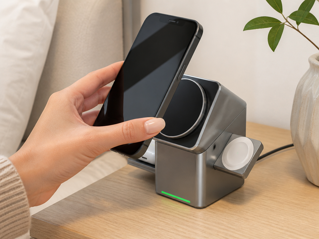Phone snapping onto the ChargePod magnetic Qi2 pad