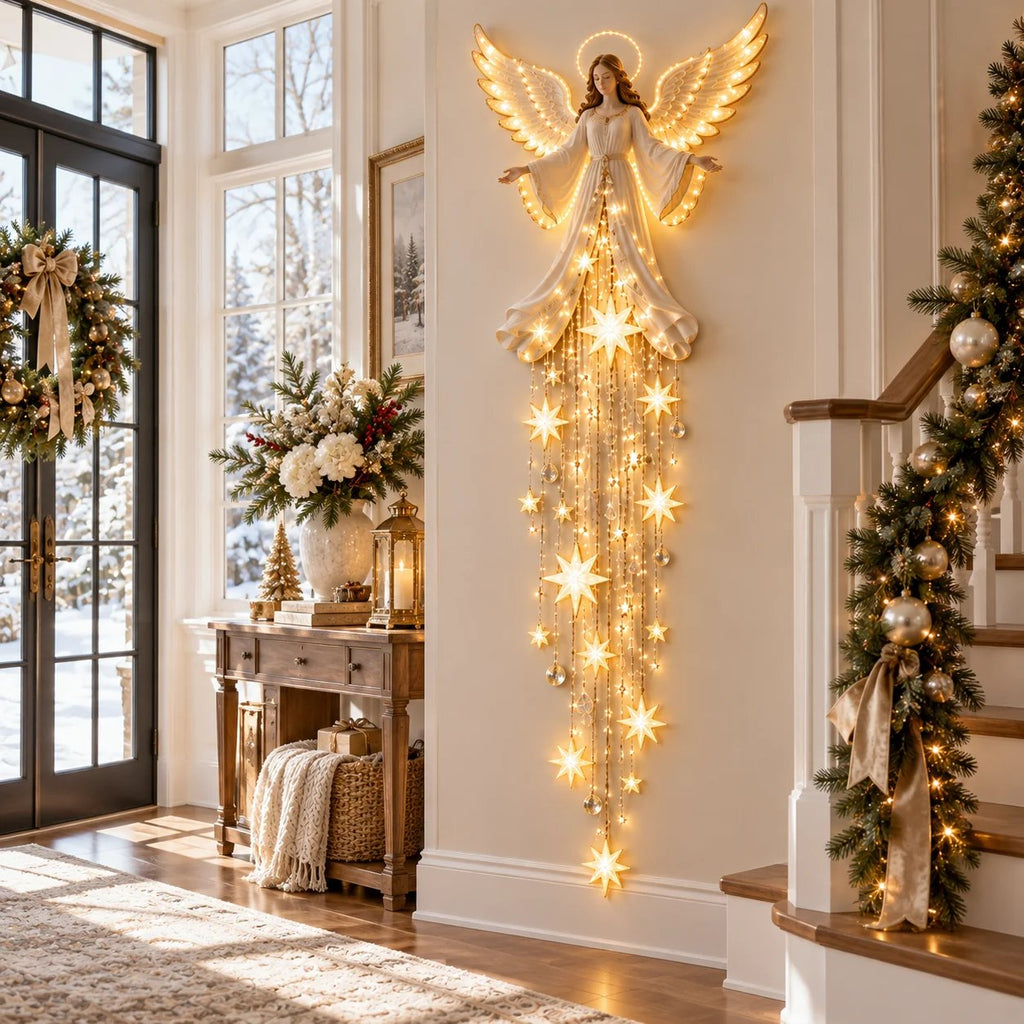Angel Christmas Wall Light with Halo and Cascading Stars, Warm White 2