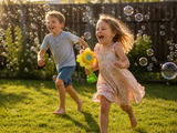 Kids chasing bubbles from the BloomBubble sunflower machine
