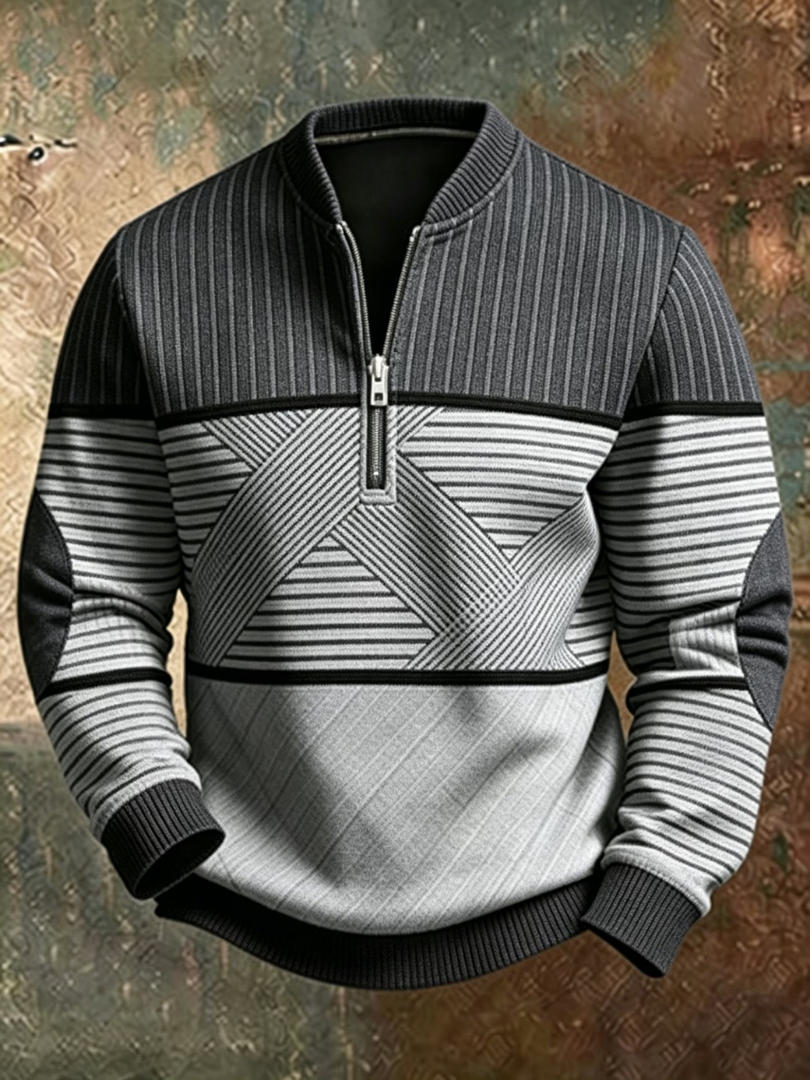 Men's Half-Zip Sweater with Geometric Color Block Pattern 2