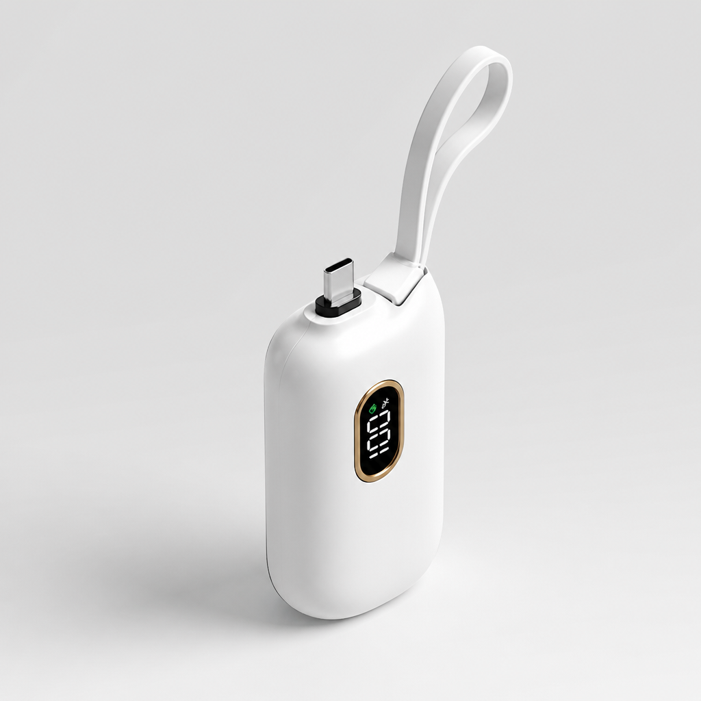 PocketVolt mini capsule power bank with built-in USB-C plug, studio shot