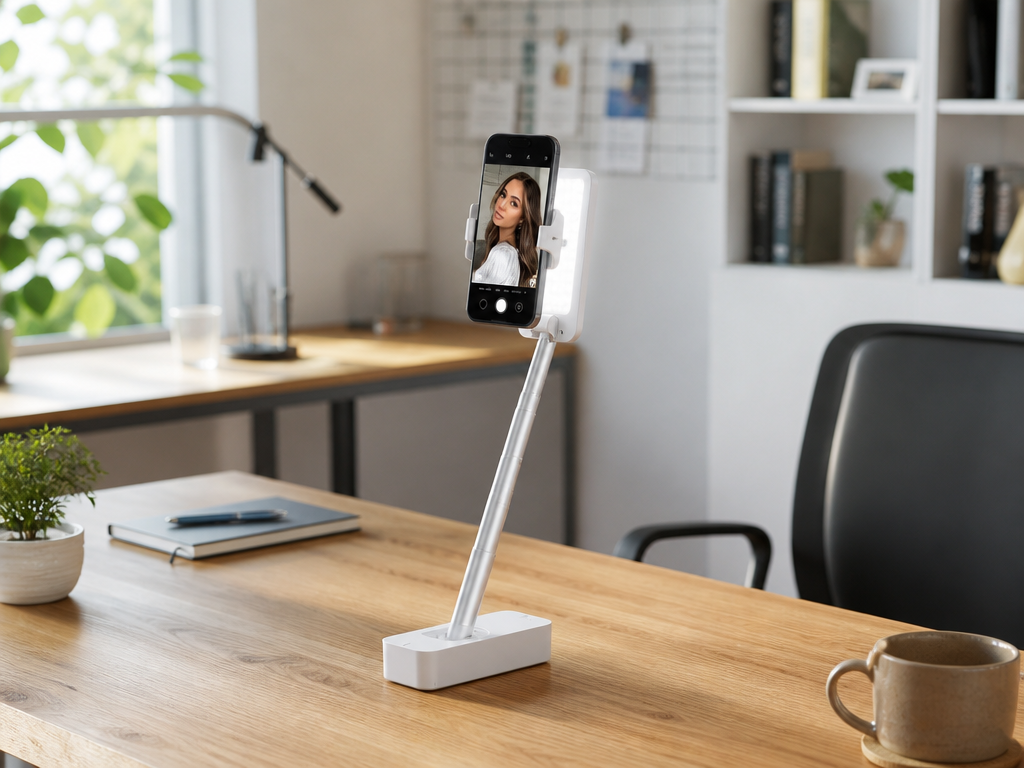 FoldFrame filming stand in 45-degree wide-scene position on a desk