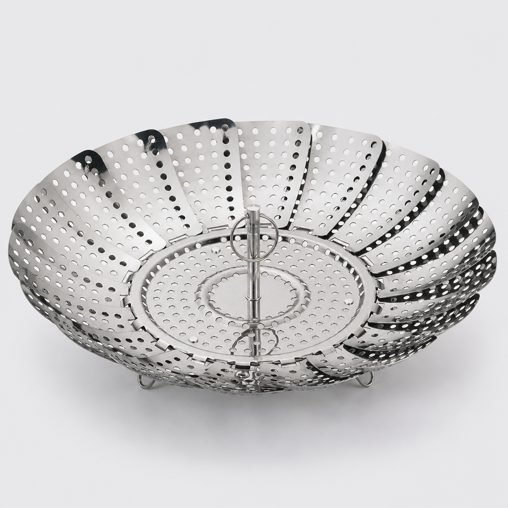 SteamBloom folding stainless steel steamer basket studio shot