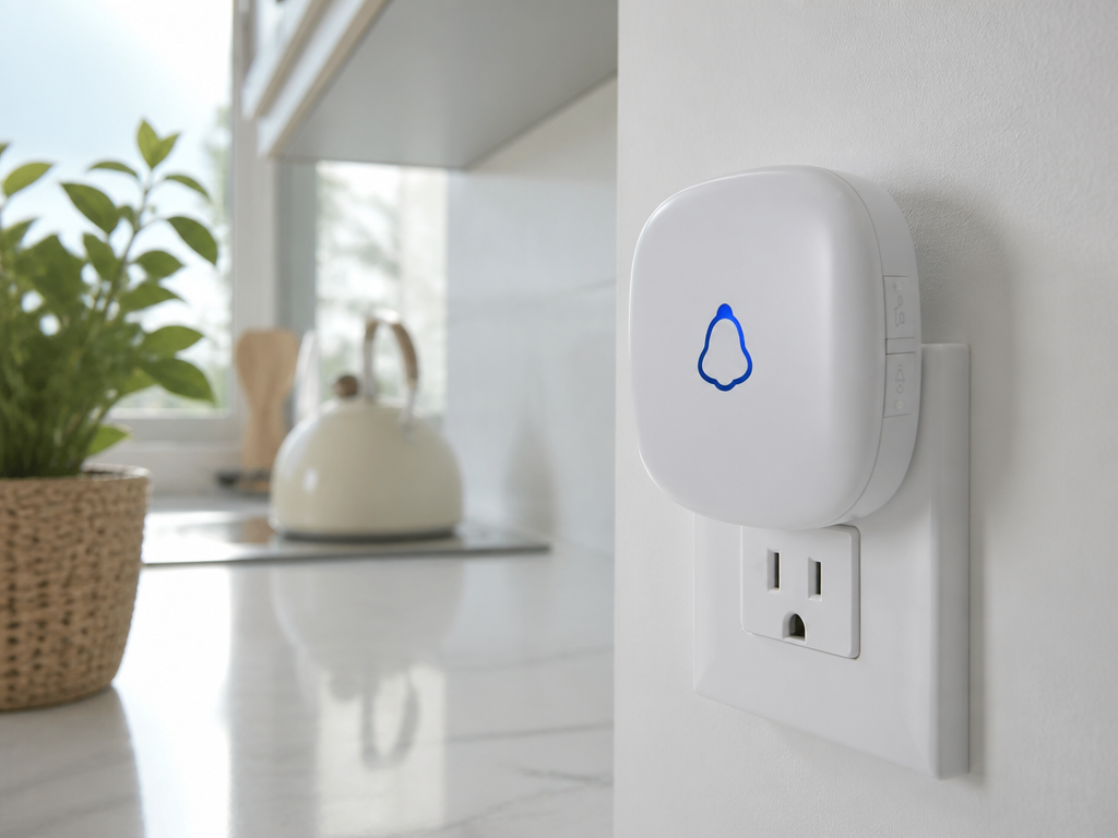 HomeChime chime receiver plugged into a kitchen wall outlet