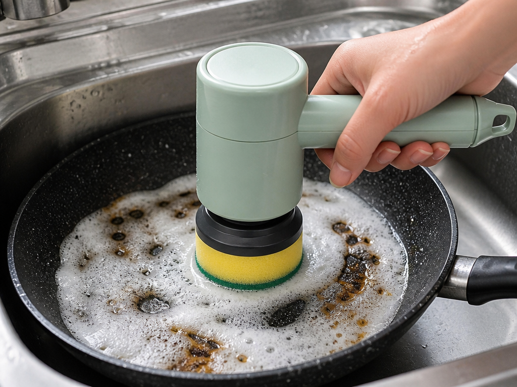 Spinly scrubbing a greasy pan with sponge head