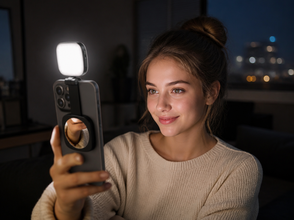 Creator lit by FrameGlow fill light while recording