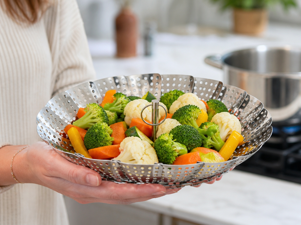SteamBloom steamer basket with steamed vegetables held in a kitchen