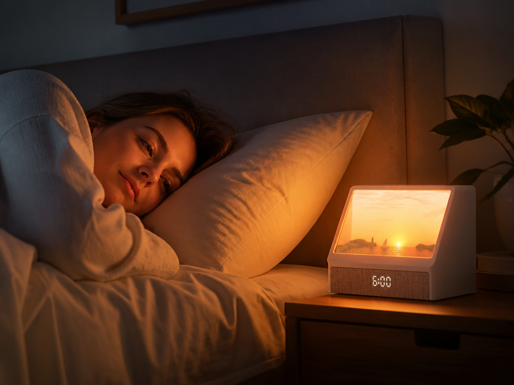 Woman waking to the warm glow of the RiseGlow sunrise lamp
