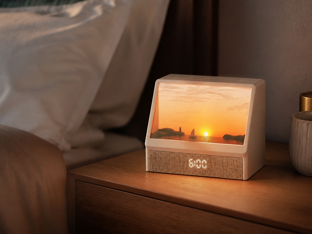 RiseGlow lamp glowing on a wooden nightstand