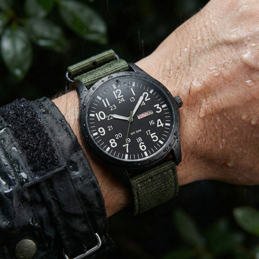 Men's Field Watch with Woven Fabric Strap and Day-Date Window 3