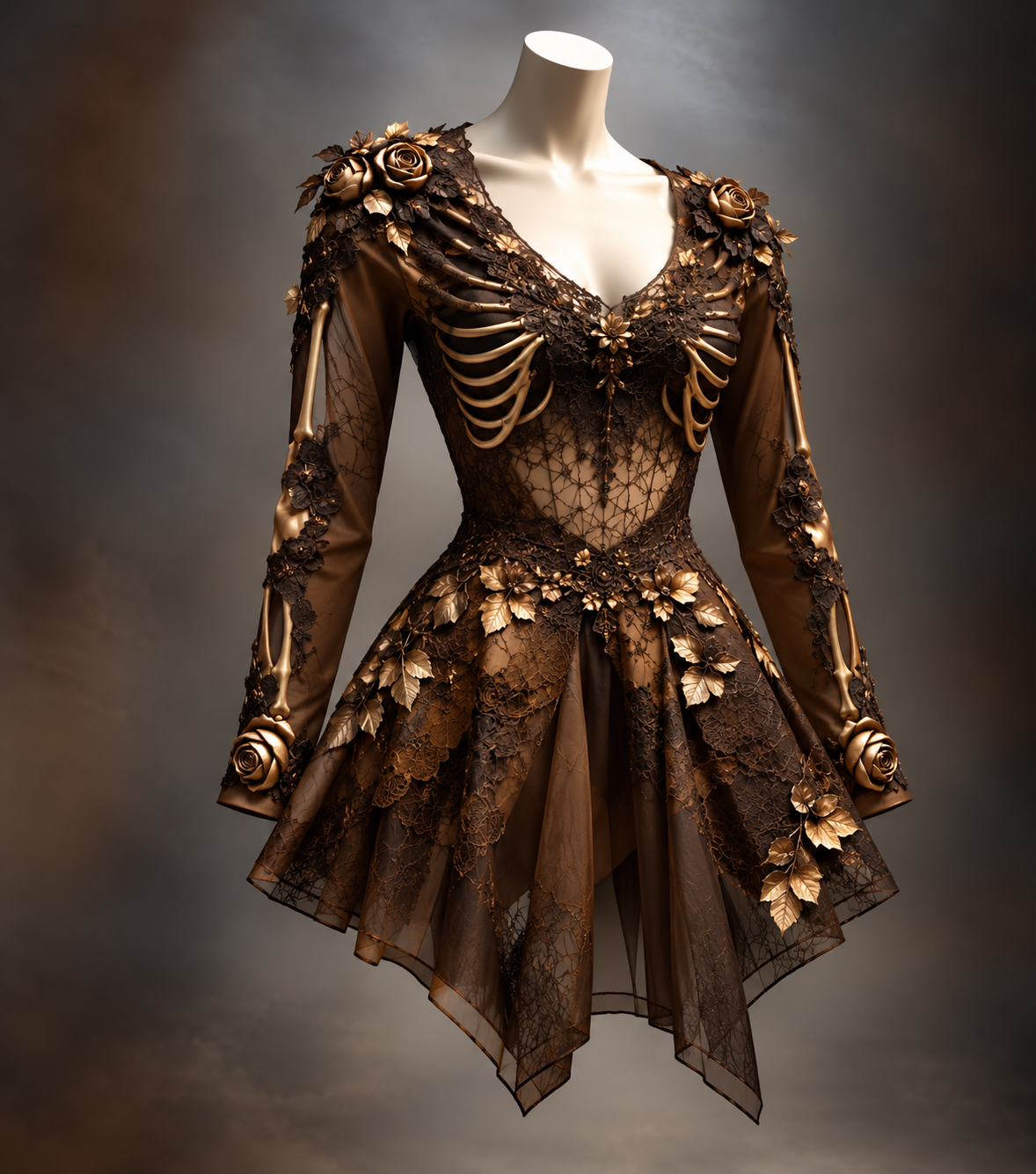 Women's Gothic Long Sleeve V-Neck Mini Dress with Bone and Floral Detail 3