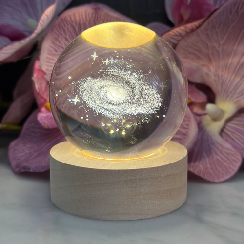 3D Crystal Space Lamp with Warm LED Light and Wooden Base 1