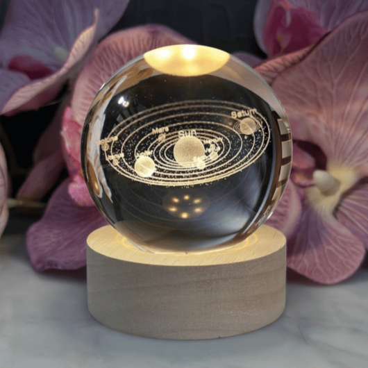 3D Crystal Space Lamp with Warm LED Light and Wooden Base 4