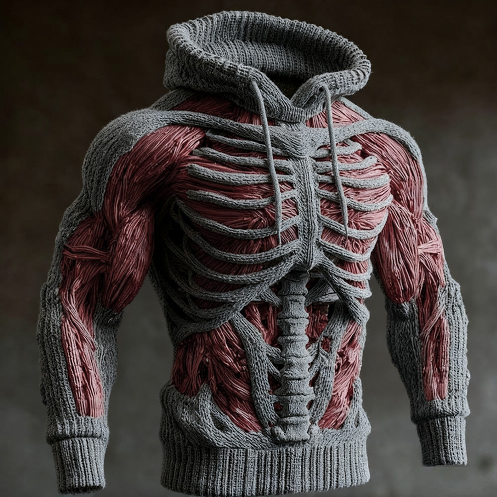 Men's Halloween Knit Hoodie with 3D Skeleton Design, Long Sleeve 1