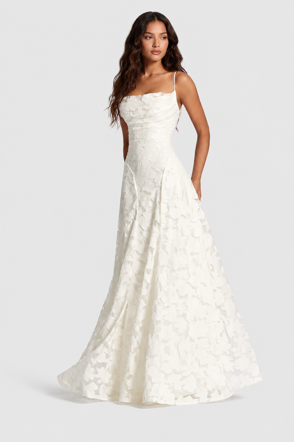 Raised 3D Floral Lace A-Line Midi-Maxi Dress with Draped Neckline 2