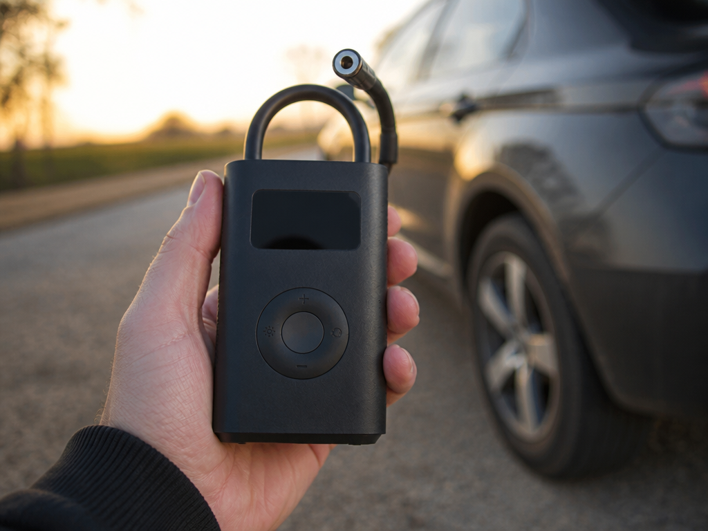 AirMate tire inflator held up in front of a car