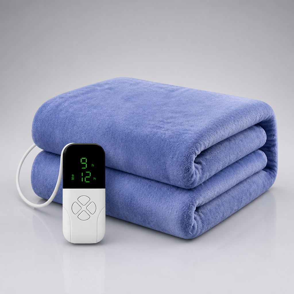 SnugCloud heated electric blanket folded with its LED controller, studio shot