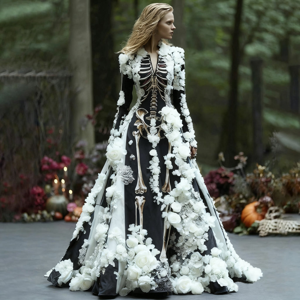 Women's Halloween Skeleton Floral Long Sleeve Maxi Dress for Parties 2