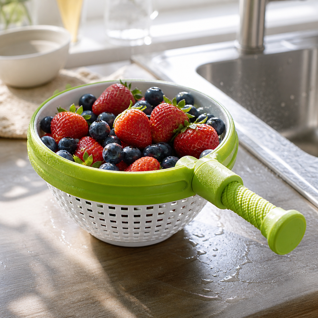 Fresh berries rinsed in the SpinLeaf colander basket