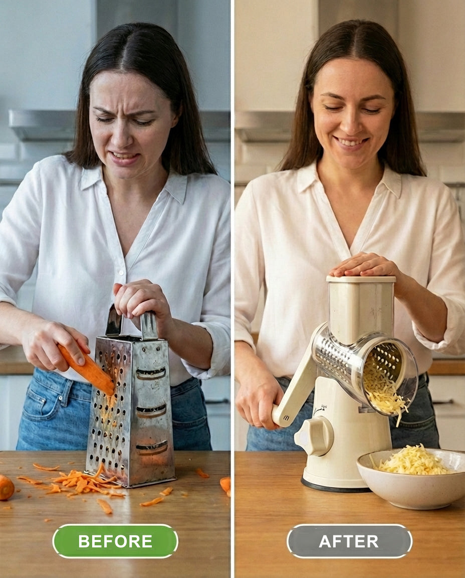 Before and after: grating by hand versus the rotary chopper
