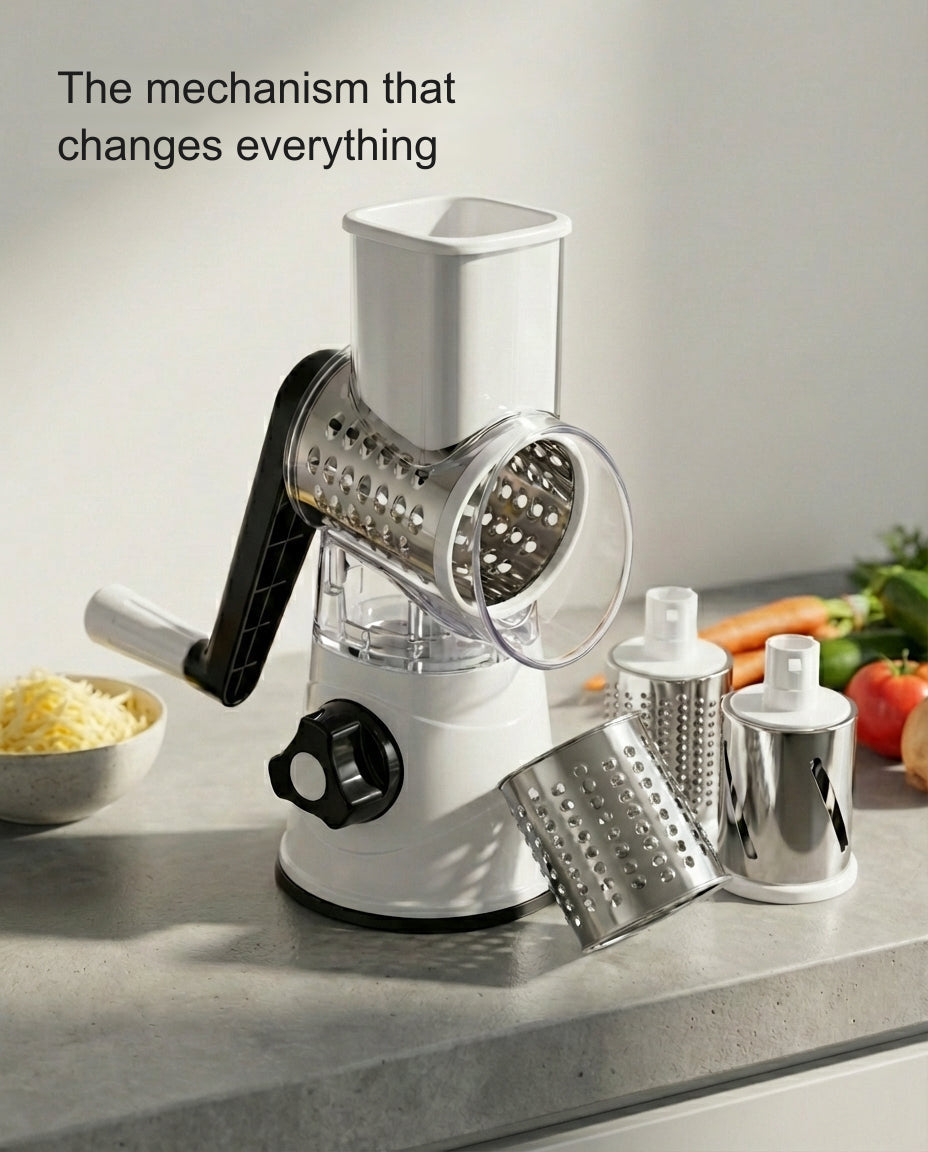 Rotary chopper with its three interchangeable drums on a counter