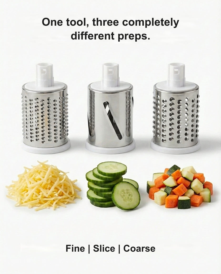 Three drums for fine shredding, slicing and coarse cutting
