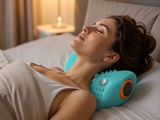 Woman relaxing with NeckNest heated neck massage pillow under her neck