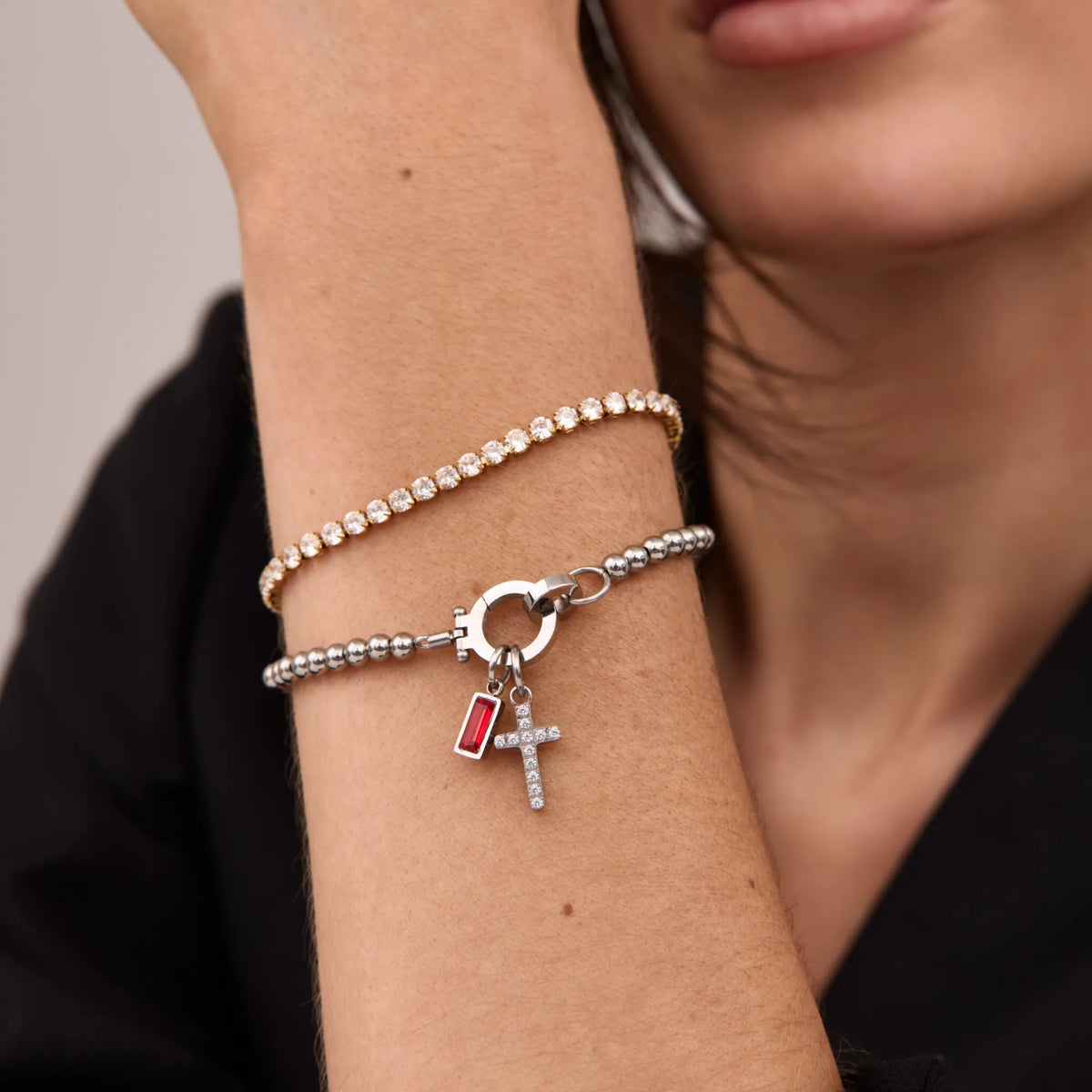 Birthstone Bead Bracelet with Cross Charm, Gold or Silver Tone 5