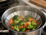 Vegetables steaming in the SteamBloom basket inside a pot
