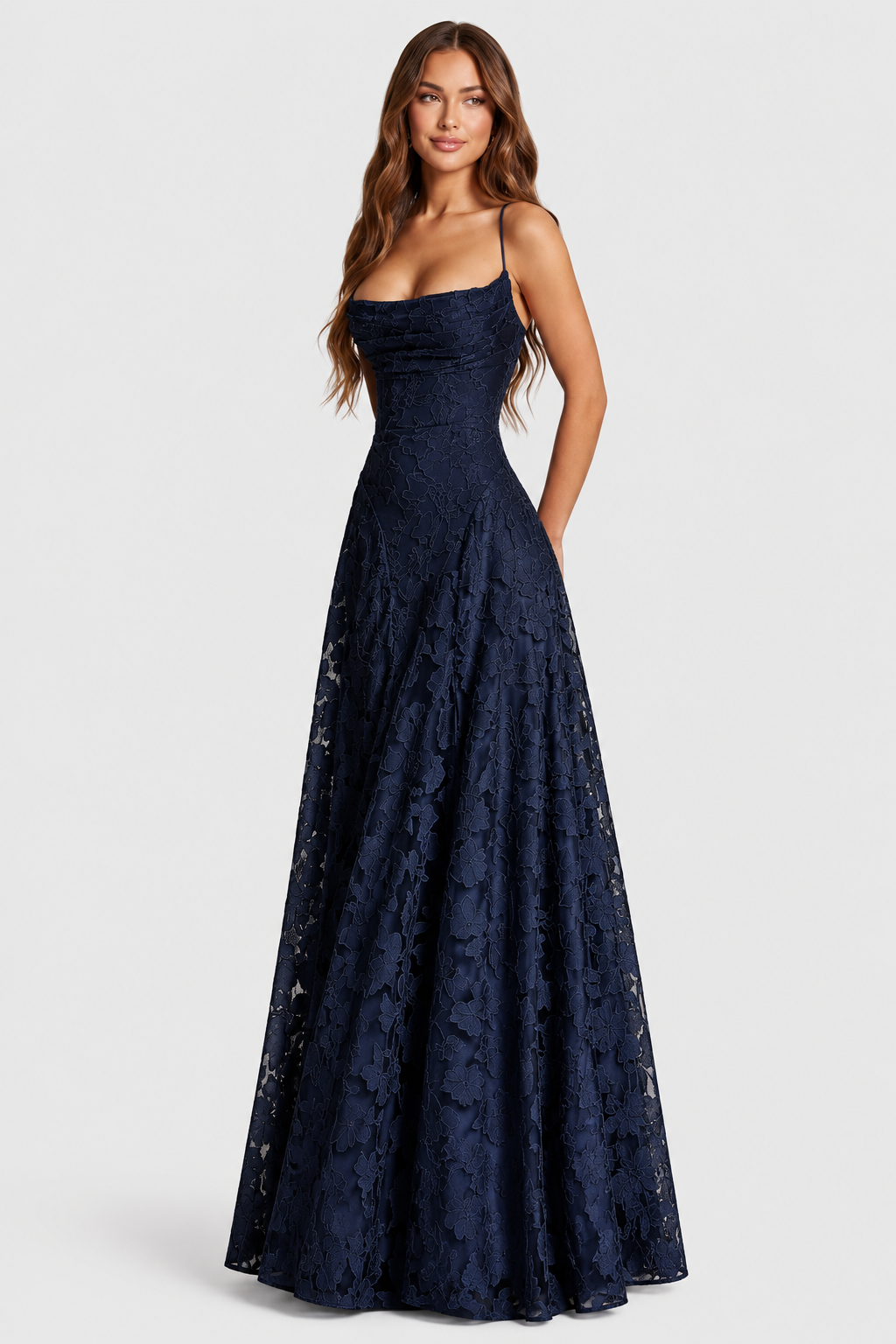 Raised 3D Floral Lace A-Line Midi-Maxi Dress with Draped Neckline 4