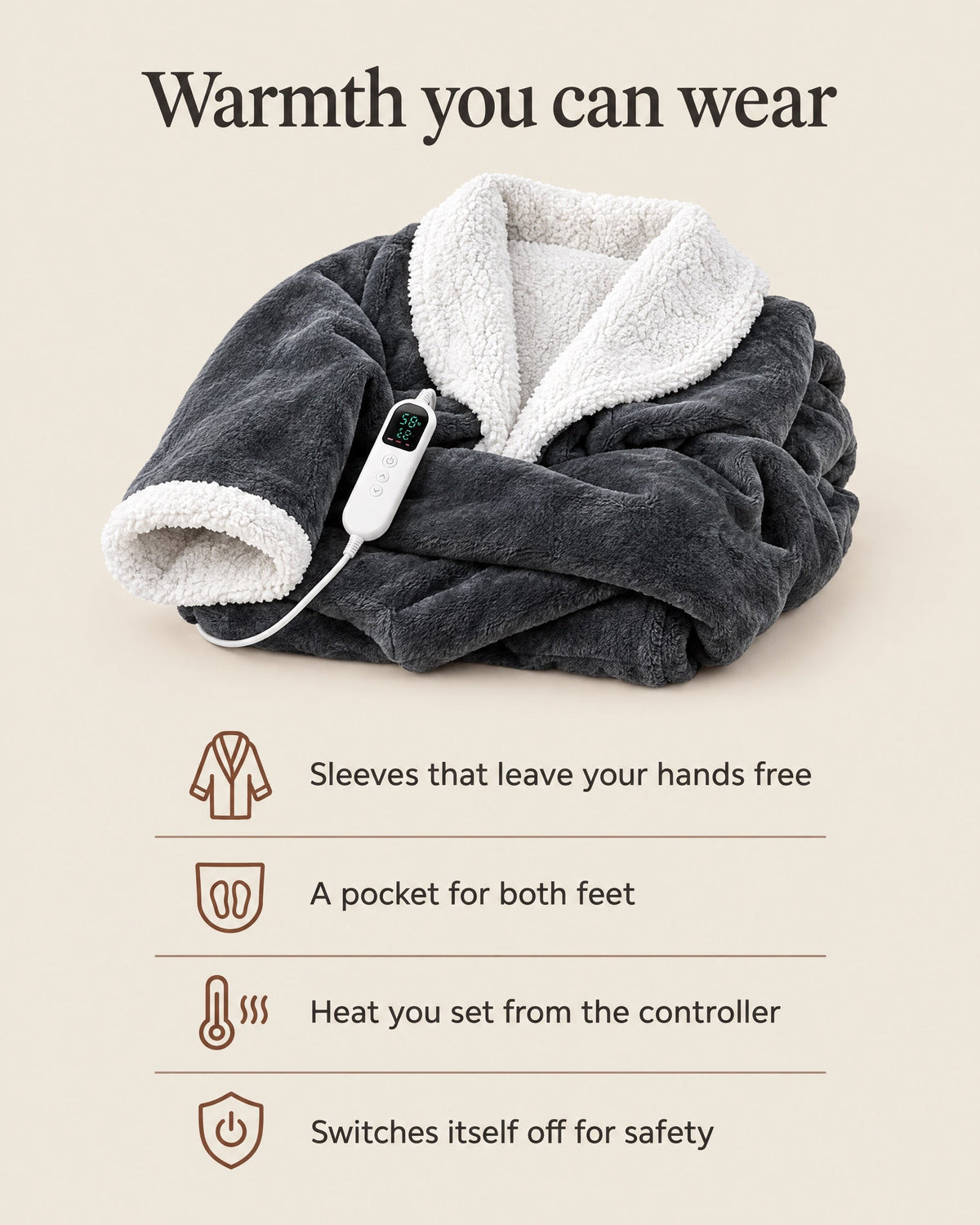 Wearable Heated Blanket Robe with Sleeves and Foot Pocket 4
