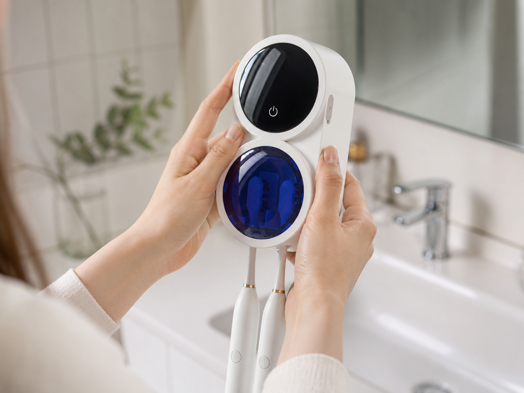 BrushDock UV toothbrush dock held in hands