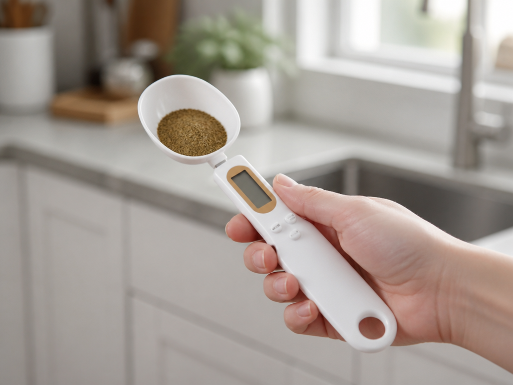ScoopSense spoon scale held up in a kitchen, LCD display visible