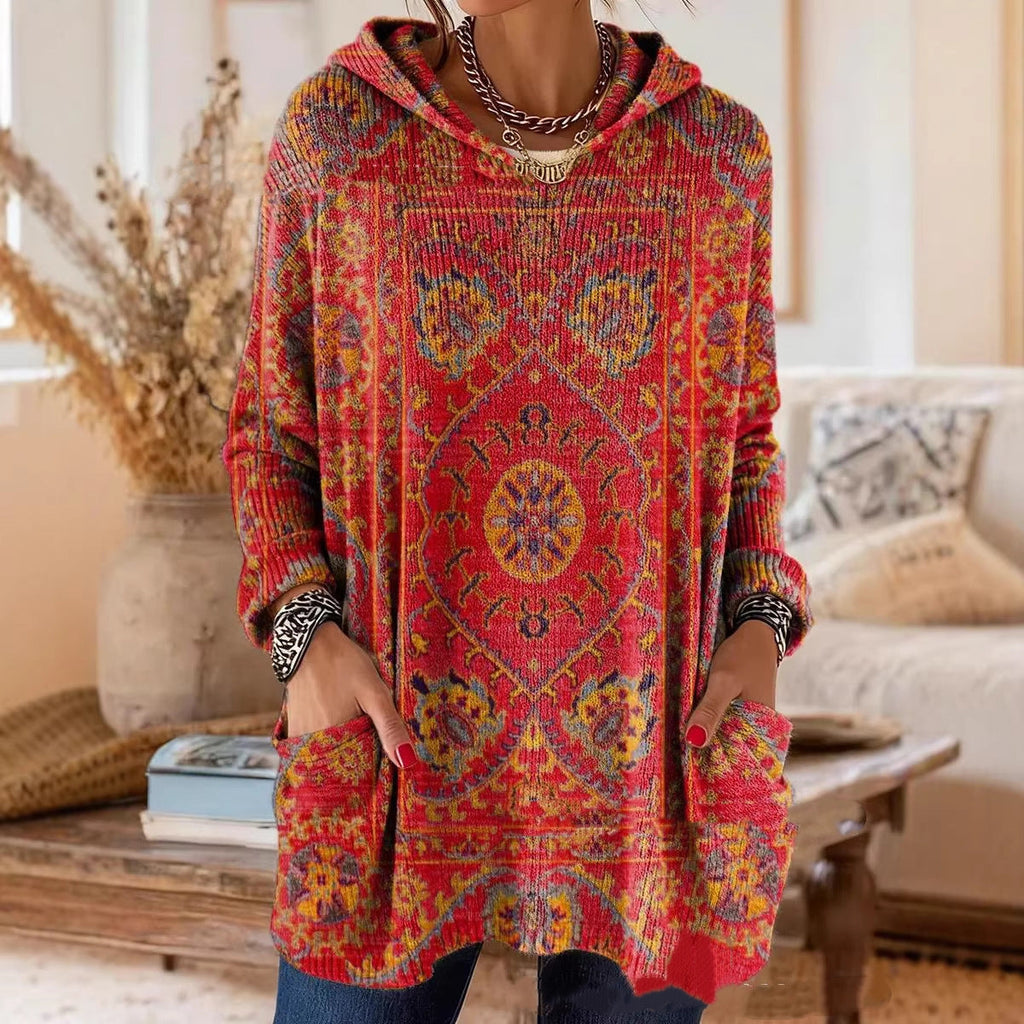 Bohemian Print Hooded Tunic Top with Relaxed Fit and Long Sleeves 1