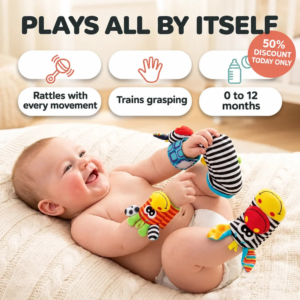 Baby Wrist Rattles and Foot Rattle Socks Set, 4 Pieces, Cotton, 0-12 Months 1