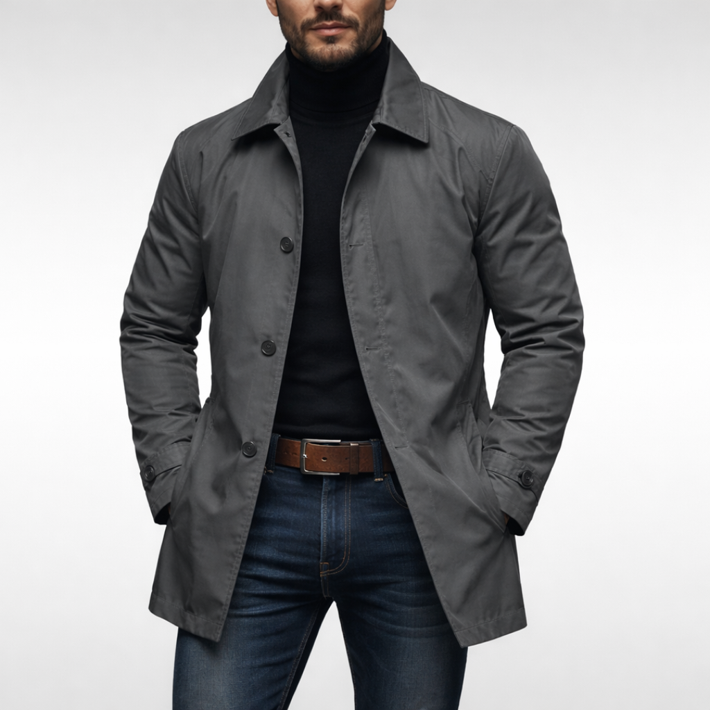 Men's Mid-Length Button-Front Coat with Classic Turn-Down Collar 2