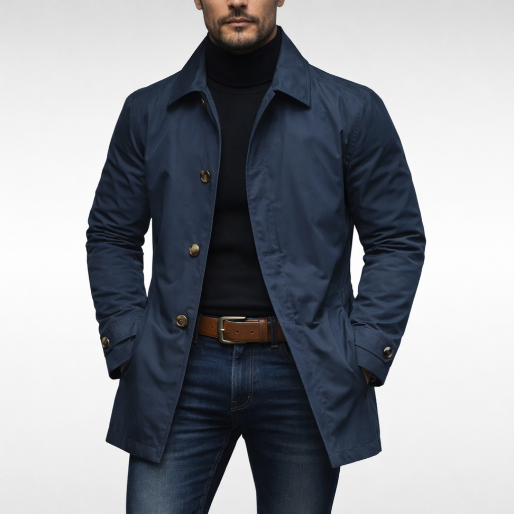 Men's Mid-Length Button-Front Coat with Classic Turn-Down Collar 3