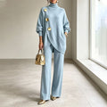 Two-Piece Knit Set with Asymmetric Button Top and Wide-Leg Pants 1