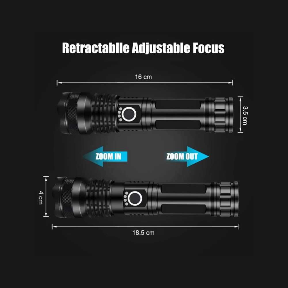 Heavy-Duty Waterproof LED Flashlight - Telescopic Zoom Torch for Hiking