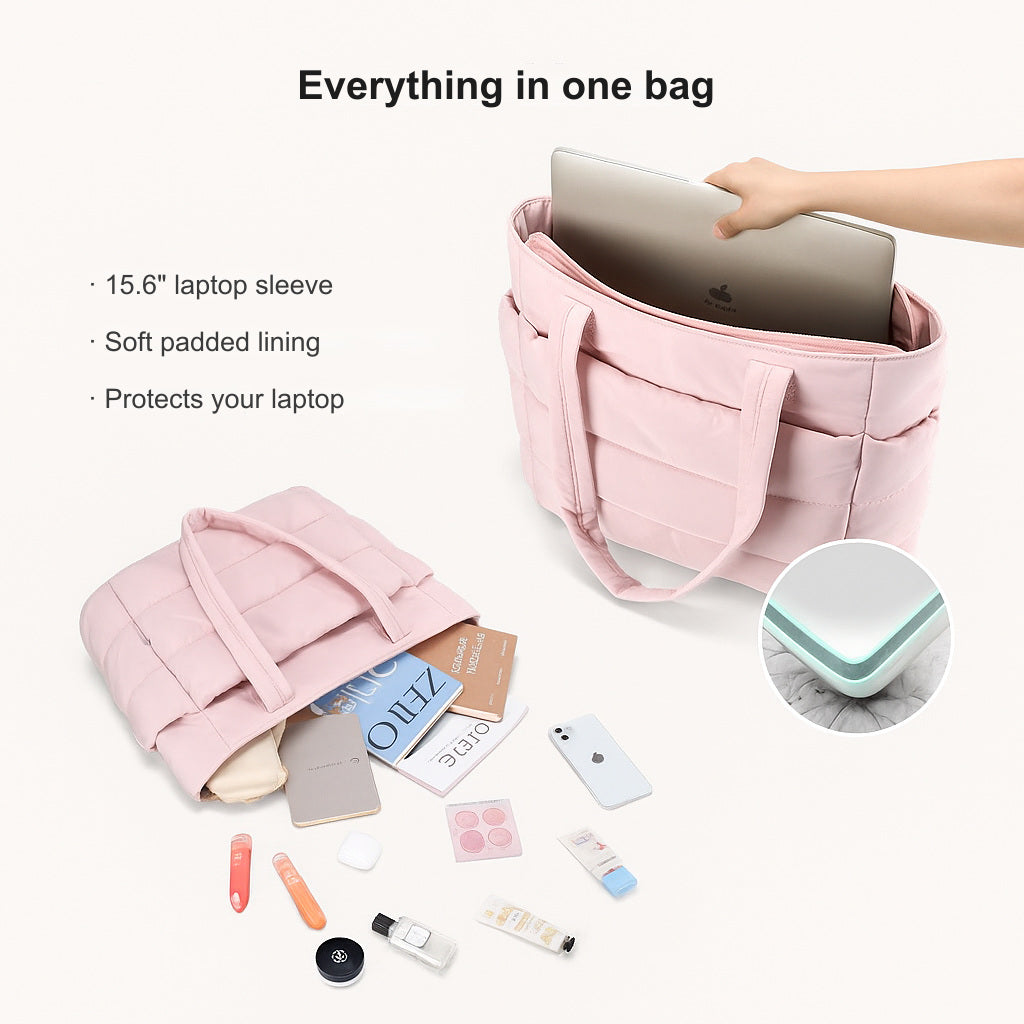Tote bag with padded laptop sleeve and everyday essentials