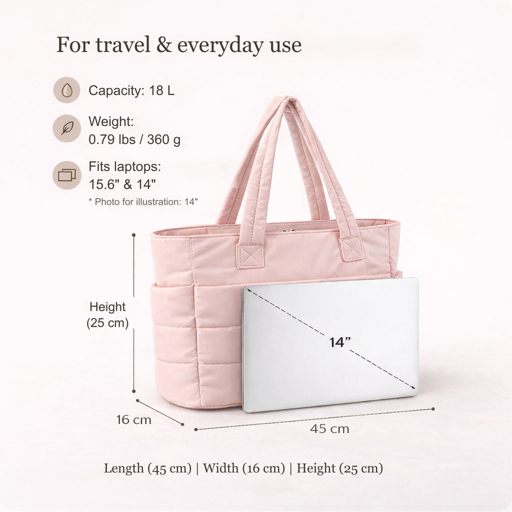Tote bag dimensions, weight and laptop fit