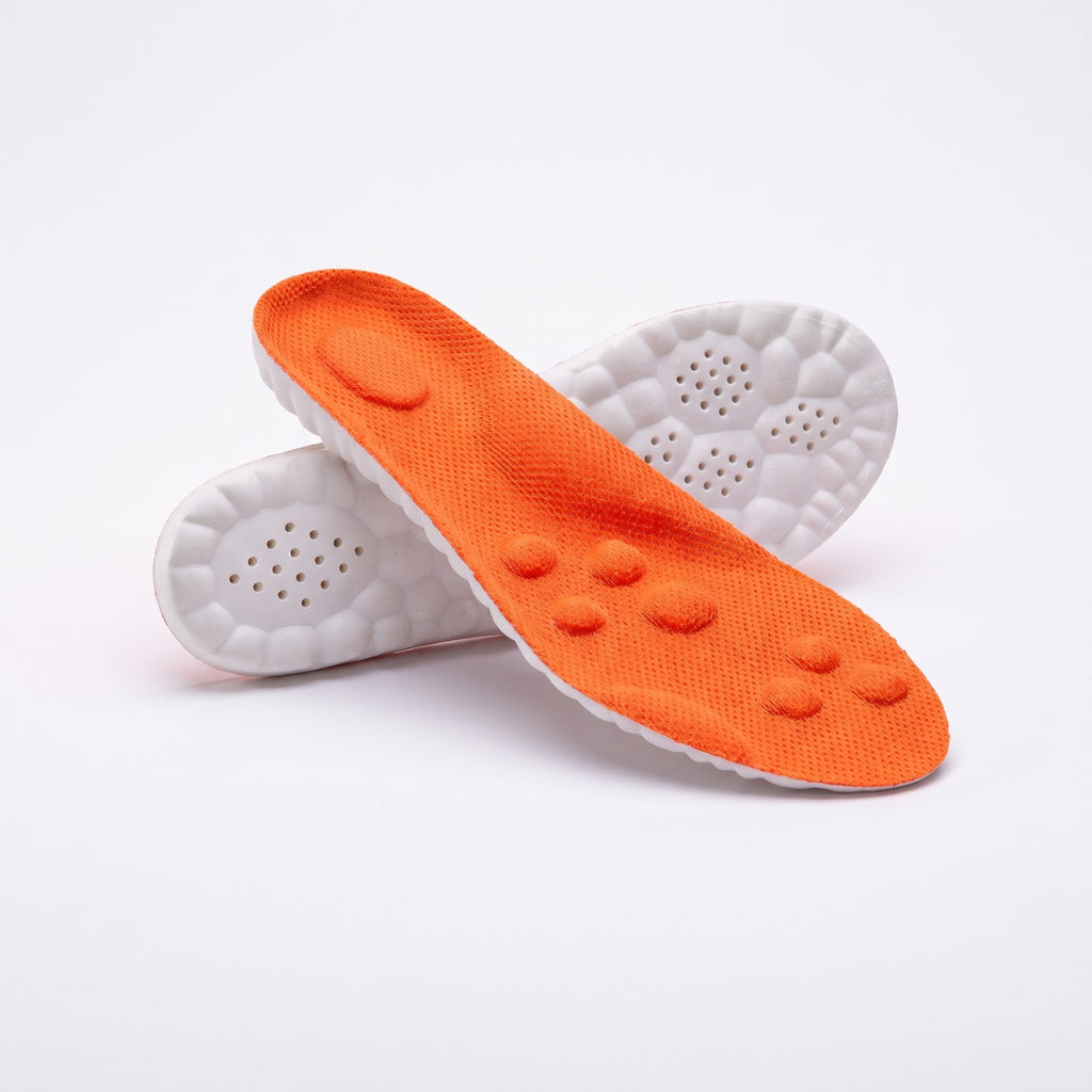 Orange massage insoles, top and underside